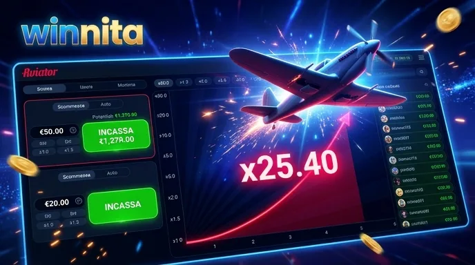 Schermata di Aviator su Winnita con curva del moltiplicatore in salita e pulsante di cash-out, a confronto con Plinko