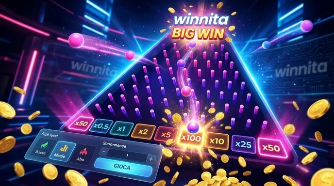 Interfaccia di Plinko su Winnita con piramide di pioli, pallina che cade e selezione di righe e livello di rischio
