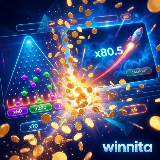 Schermata di Plinko su Winnita con piramide di pioli, pallina in caduta e caselle di moltiplicatore